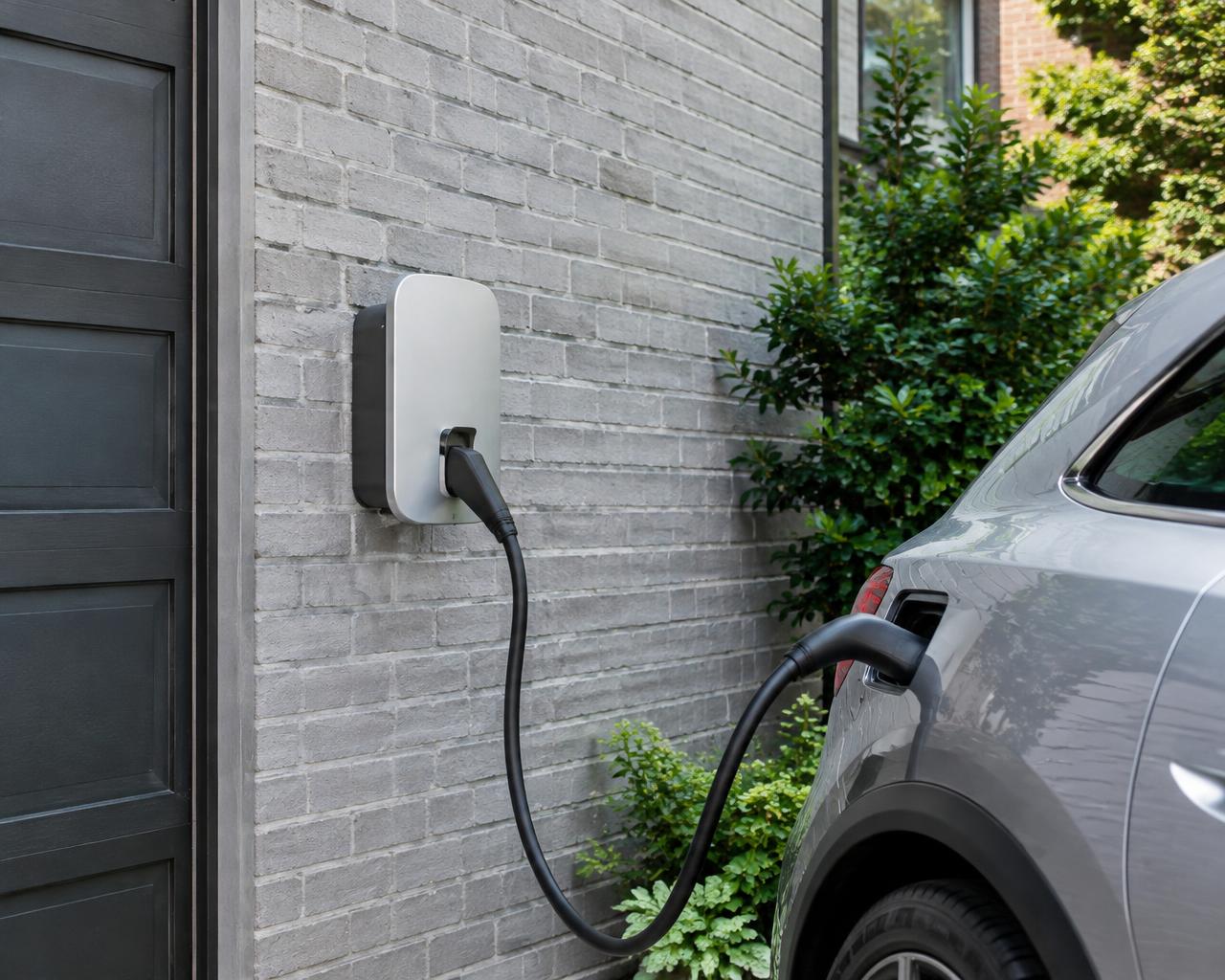 Neatly installed home EV charger connected to an electric car