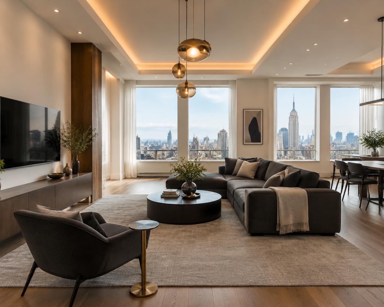 Modern NYC apartment with warm pendant and recessed lighting